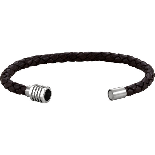 Mens Stainless Steel and Dark Brown Braided Leather Bracelet